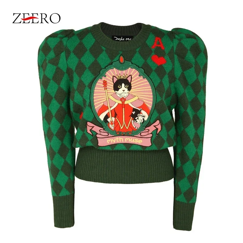 Fall Winter Retro Women O Neck Puff Long Sleeve Cartoon Print Sweaters Female Slim Green Plaid Knitted Pullover Top Sueter Mujer