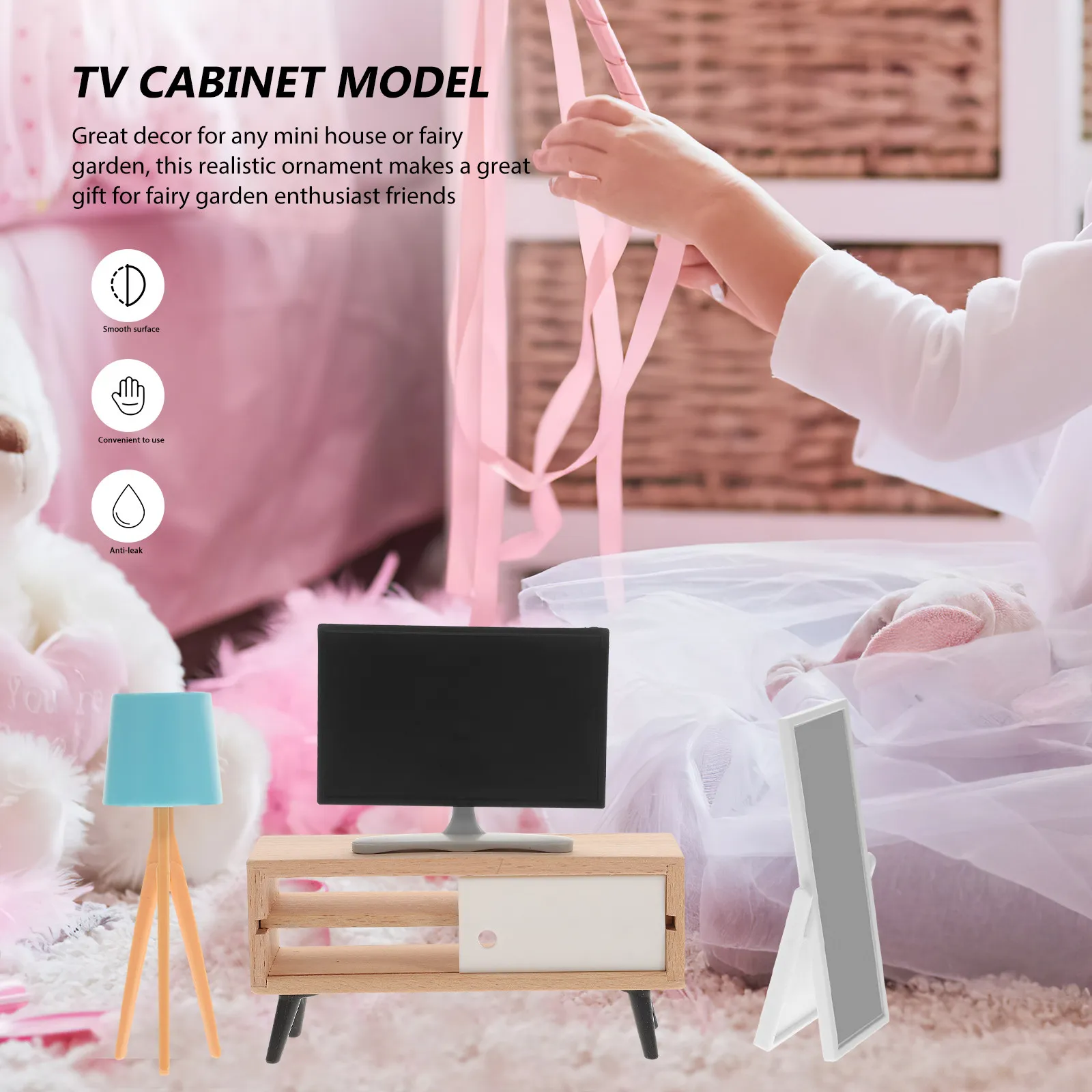 

1Set Realistic Miniature TV Cabinet Dressing Mirror Desk Lamp Set for Tiny House Fairy Garden Micro Landscape Decor Kids
