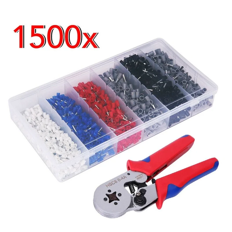 

1500pcs Ferrule Crimping Pliers Tools Sets HSC8 6-4A 0.25-10mm² Self-Adjustable Ratchet Stripping Cutting Pliers Wire End Kit