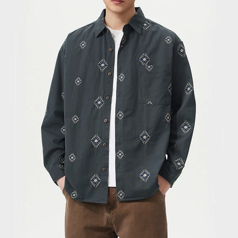 Male Commuter Korean Fashion Shirt Blouses Men's Pure Cotton Embroidery Vintage Long Sleeve Loose Casual Vintage Shirt