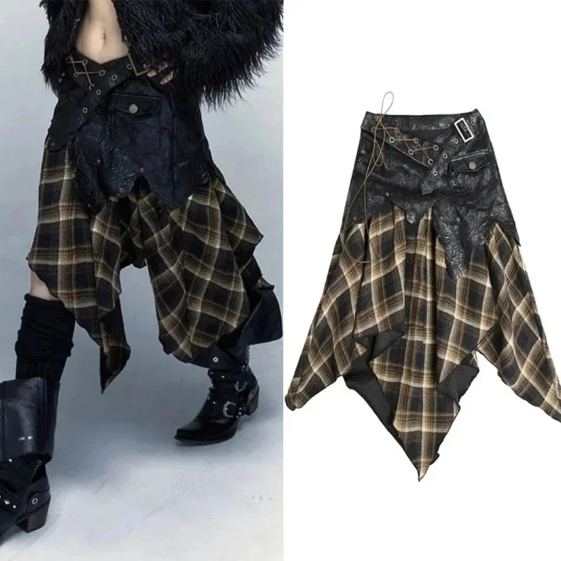 Irregular Patchwork Grunge Y2k Skirts High Waist Vintage Plaid Skirts Belt Decor Punk Midi Skirts Gothic A-line Skirt For Women