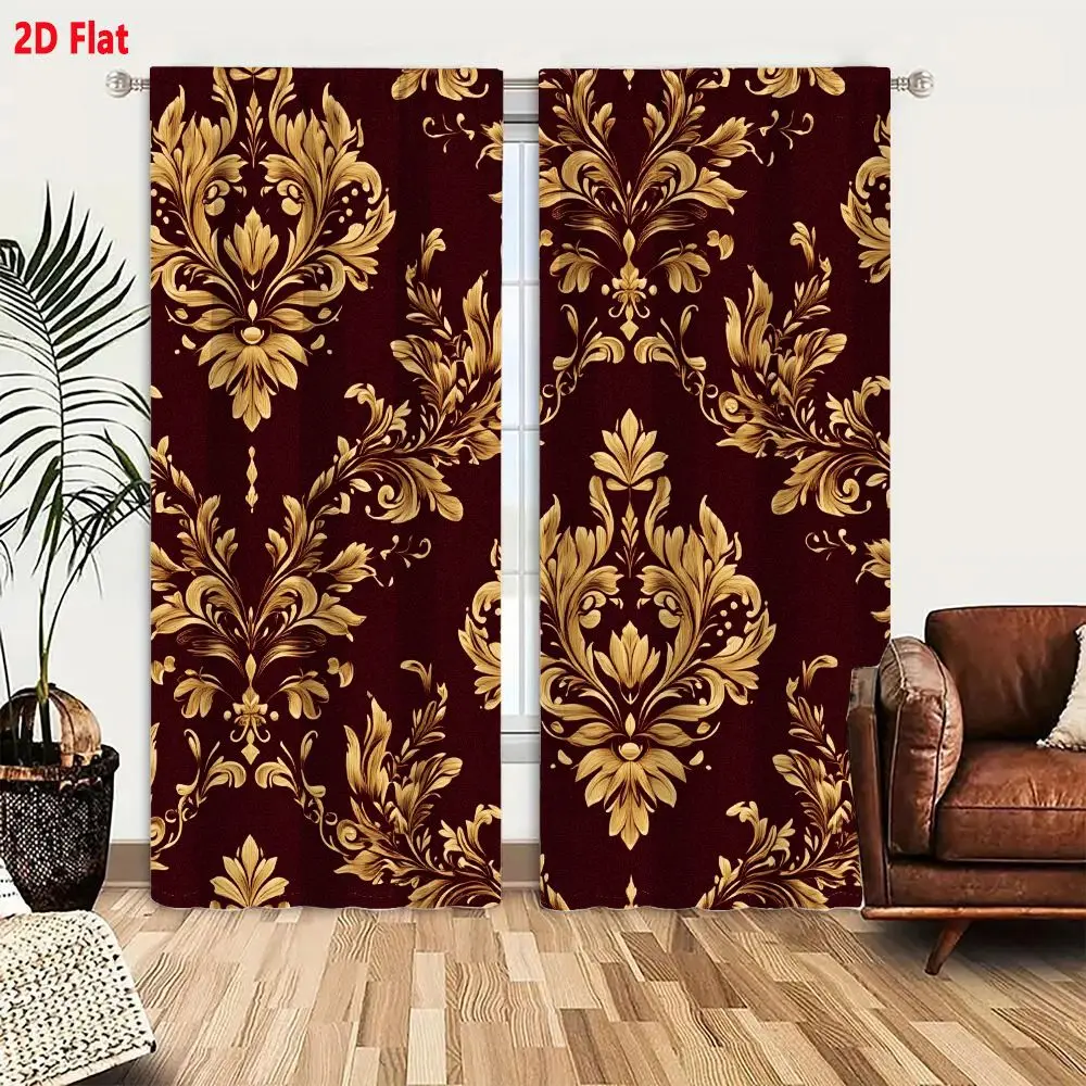 2Pcs Curtains 2D Flat Ornate Wallpaper Pattern Rich Deep Maroon Background Gold Floral Motifs Baroque Rococo Style Decorative El