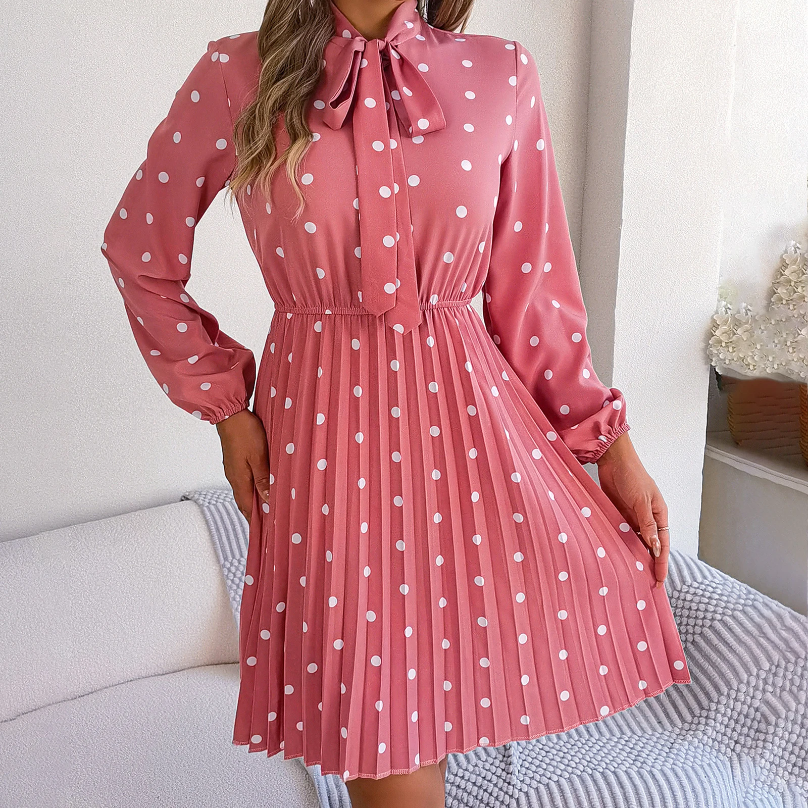 Nuove donne di moda autunno abito al ginocchio manica lunga allacciatura stampa a pois abito camicia in vita smock vendita calda S-XL
