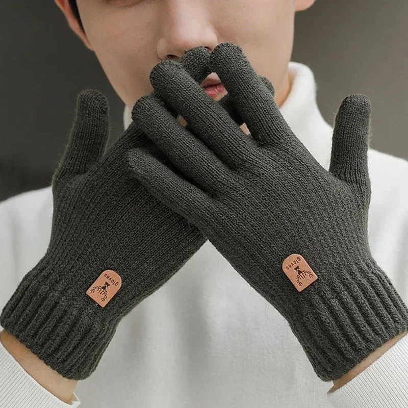 New Men\'s Warm Full Finger Gloves Winter Touchscreen Plus Fleece Gloves Woman Thickening Wool Knitted Cycling Driving Gloves