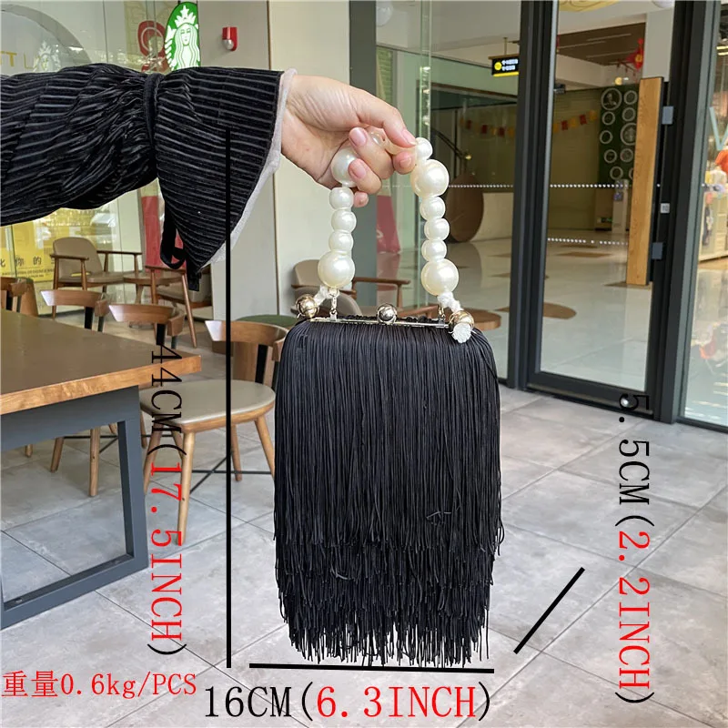 

Fashionable Tassel Pearl Chain Handbag High-Quality Long Tassel Dining Bag Black Evening Gown Handbag for Women