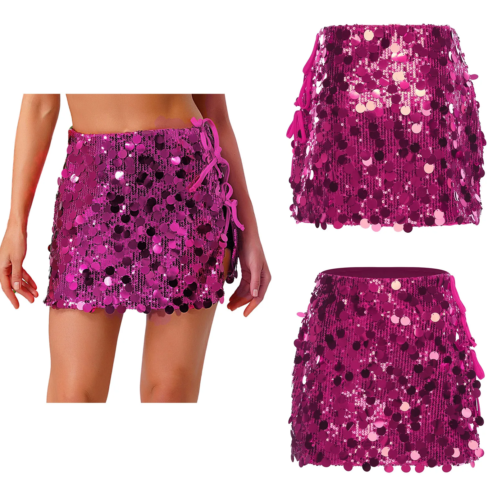 

Sexy Fashion Womens Sparkly Sequin Miniskirt Rave Party Clubwear Mesh Fully Lined Side Slit Lace-up Bodycon Skirt for Jazz Dance
