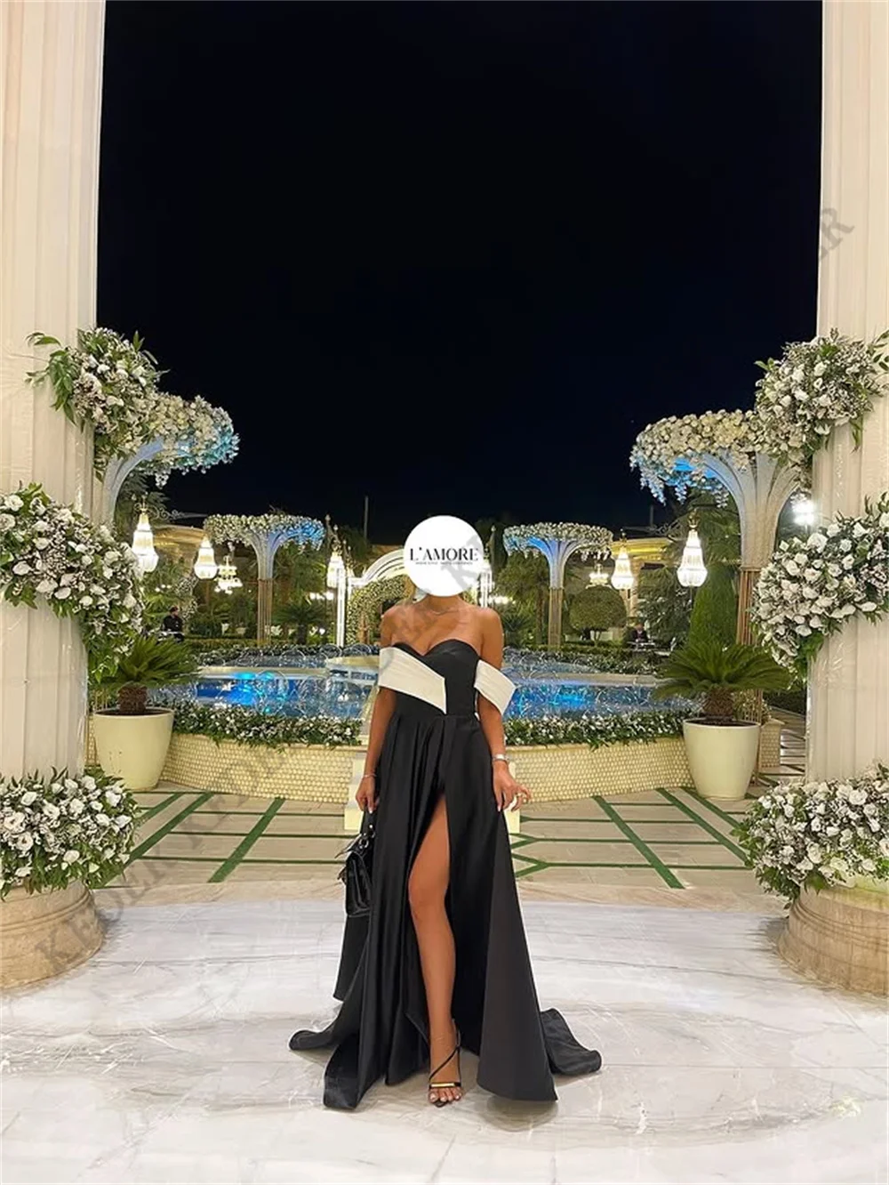 Elegant Black White Women A Line Side Slit Evening Dress Classic Off-the-shoulder Sleeveless Floor Length Long Formal Party Gown