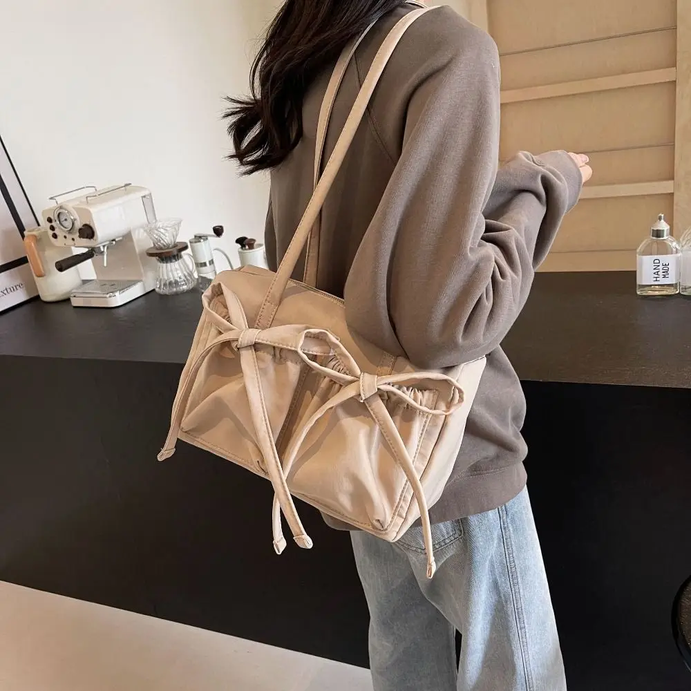 

Trendy Bowknot Bow Nylon Tote Bag Korean Style Canvas Pleated Shoulder Bag Large Capacity Handbag Underarm Bag Girls