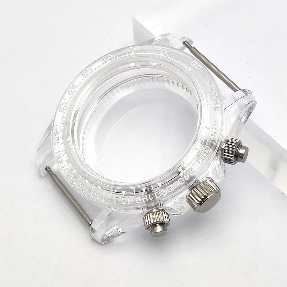 

39mm Chronograph watch case Transparent acrylic VK63 case acrylic glass Waterproof Suitable for VK63 Movement Rubber watch strap