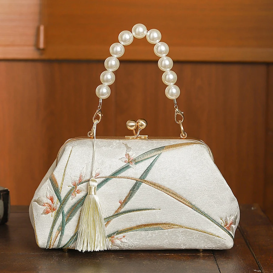 

Сумка на плечо с вышивкой в китайском стиле, сумка с жемчужной ручкой, маленькая квадратная сумка для свадебной вечеринки, дизайн с кисточками, женский вечерний клатч ﻿