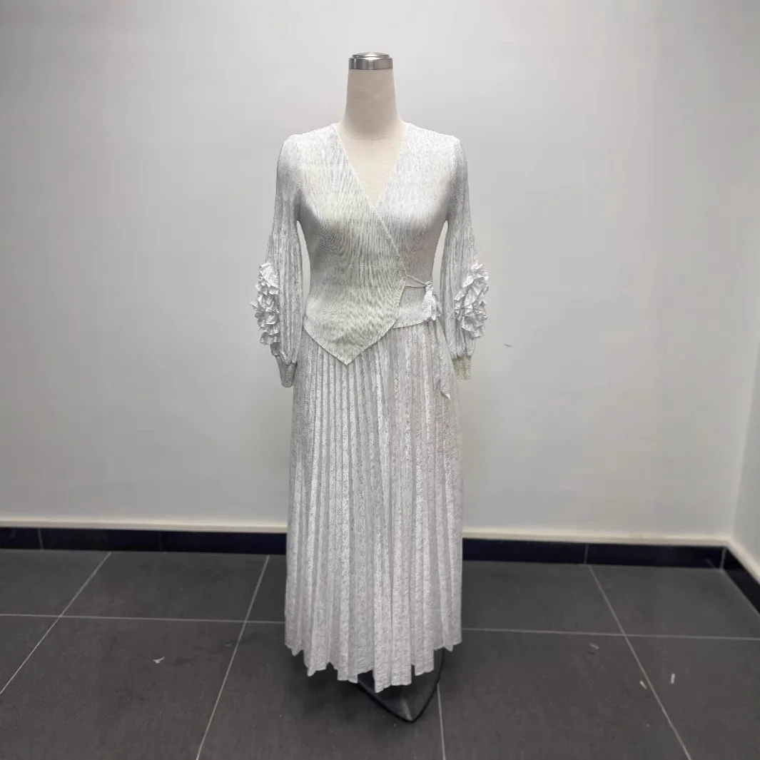 Miyake africain ample femmes vêtements mode robe plissée col en v manivelle fleur bronzant robes élégantes en vrac nouveau