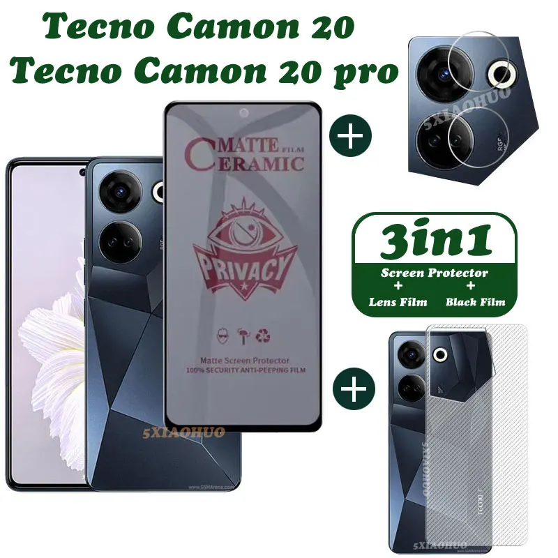 3in1 Privacy Screen Protector for Tecno Camon 20 Pro Anti-Spy Tempered Glass for Tecno Camon 20 Lens Film