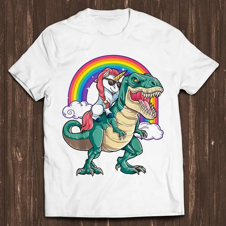 Unicorn Riding Dinosaur T Rex Funny Party Rainbow Squad Retro Film Gamer Meme Movie Music Cool Gift Tee T Shirt C1566