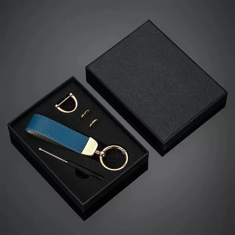 

High-end Custom Logo Leather Car Key Chain Gift Box Laser Engrave Men Women Personalize Keyring Ring Keychain Blank Company Gift