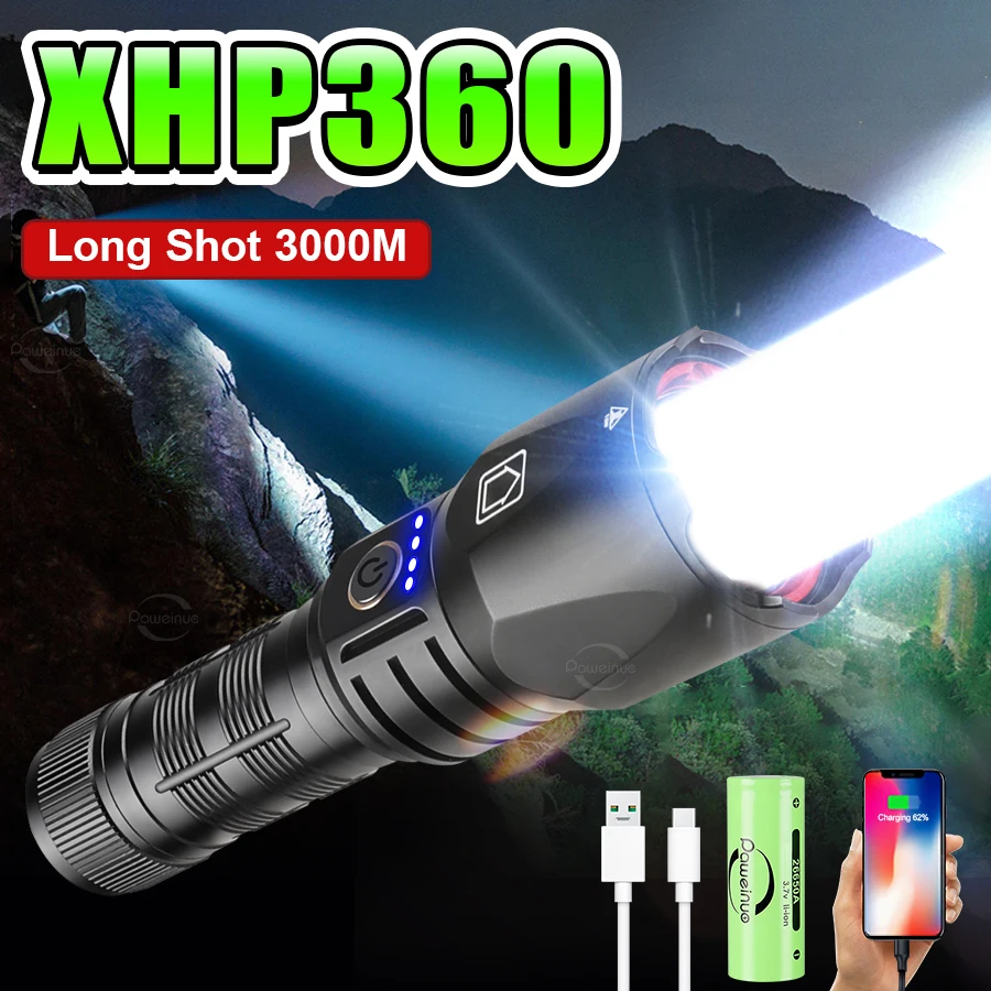 

XHP360 Strong Light LED Flashlight Rechargeable Lamp Long Shot 3000M Super Bright Lantern Zoomable Ultra Powerful Outdoor Lights