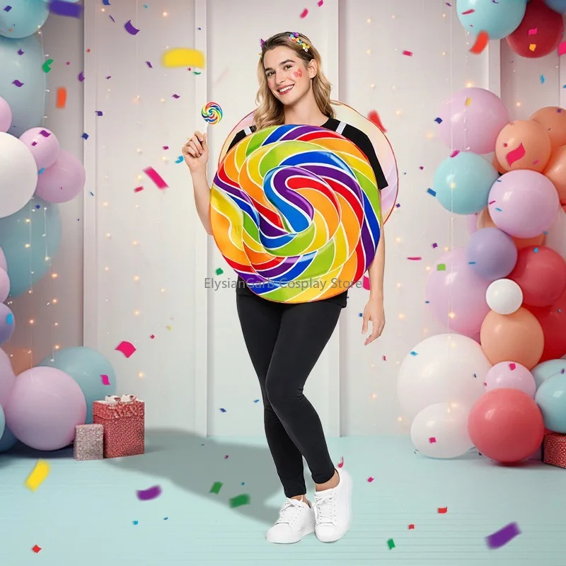 

Lollipop Cosplay Costume for Adults Candy Swirl Bodysuit Funny Halloween Role Play Outfits Sweet-Themed Party Stage Performance