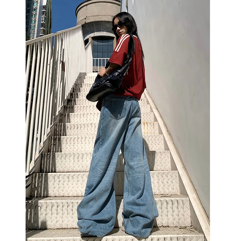 

Blue Women's Jeans Hip-hop Fashion Vintage Streetwear Y2K Wide Leg Straight Jean High Waist Trouser Classic Baggy Denim Pants