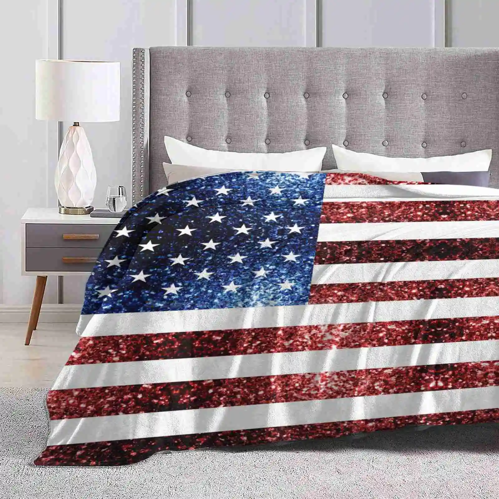 Usa Flag Red Blue Faux Sparkles Glitters Best Selling Room Household Flannel Blanket Glimmer Trendy Red Sparkles Red White And