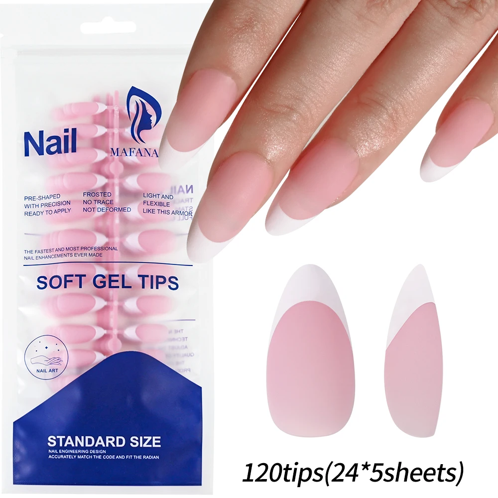 Faux ongles français en amande, 120 pièces, mat, Nude/rose, à pression, Design à bord blanc, couverture complète du bout des doigts pour Chic Girl Lady