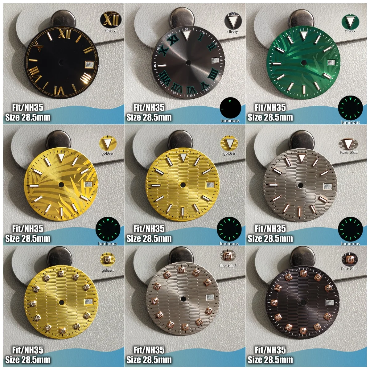 Nh 35 mostradores de relógio 28.5mm de diâmetro datejust dial verde calendário luminoso acessórios de relógio para nh 35 nh36 movimentos logotipo personalizado