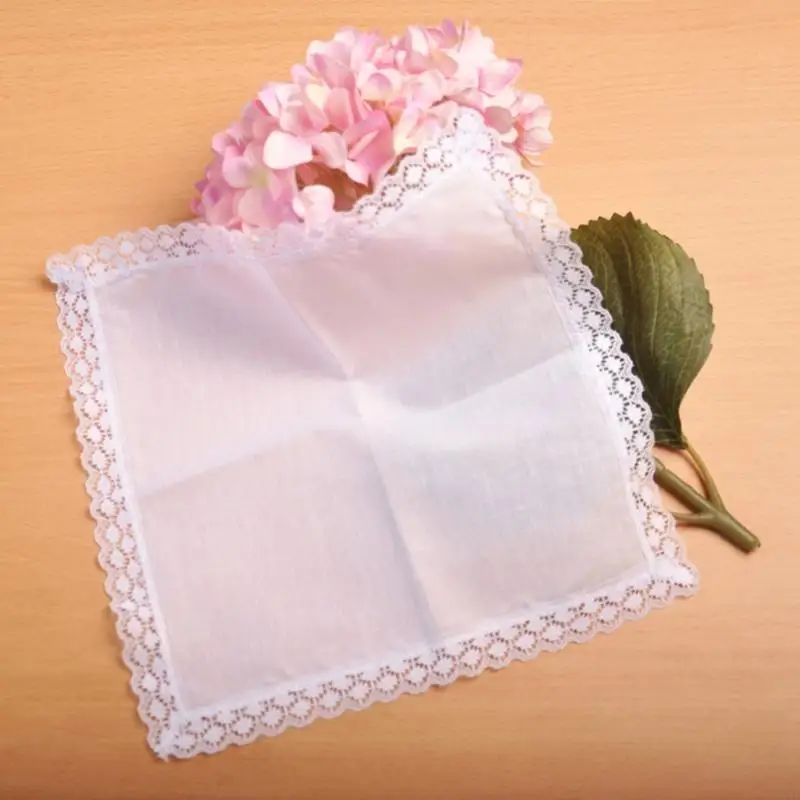 R7UF Portable Hankie Women Handkerchief Cotton Lace Trim Super Soft Washable Hanky