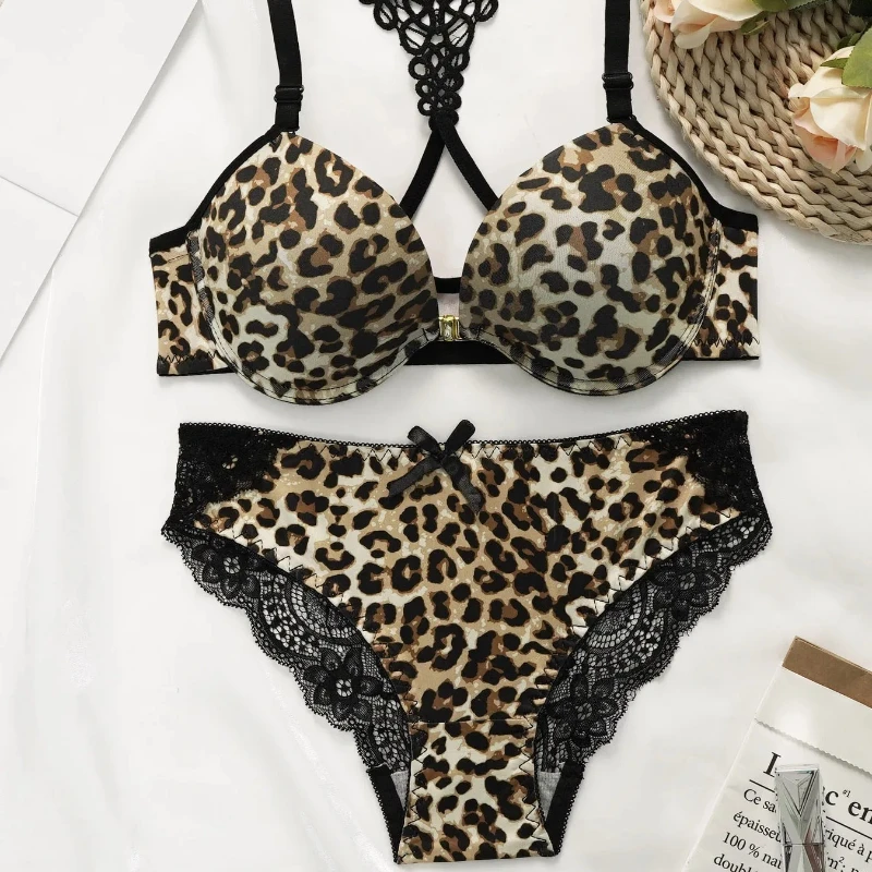 Women Leopard Print Lace Triangle Cup Two Piece Intimates Set Front Button Back Design Soft Comfort Breathable Daily Underwear Kit A3159