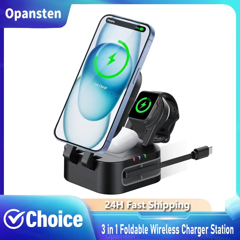 

Магнитная складная беспроводная зарядная станция 3-в-1 для iPhone 15 14 13 Pro Max, Apple Watch, AirPods 2/3, быстрая зарядка, держатель