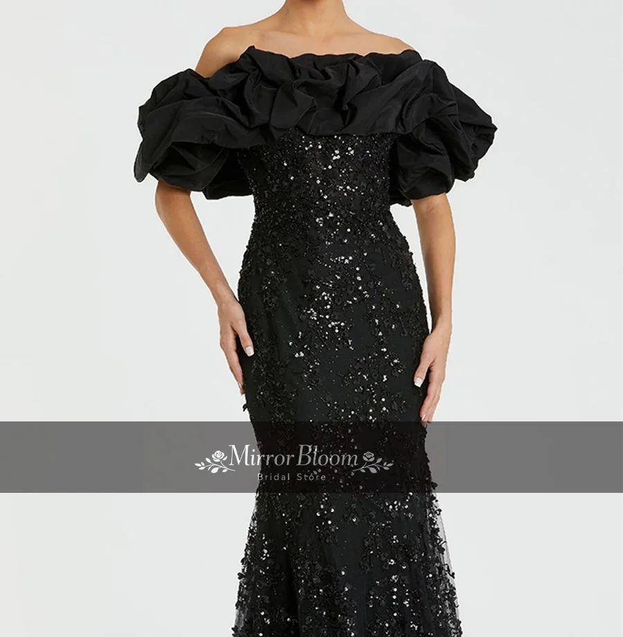 

Customized Elegant Black Off-Shoulder Mermaid Maxi Dress Women Ruffle Sequin Train Lace Formal Evening Party Prom Cocktail Gown
