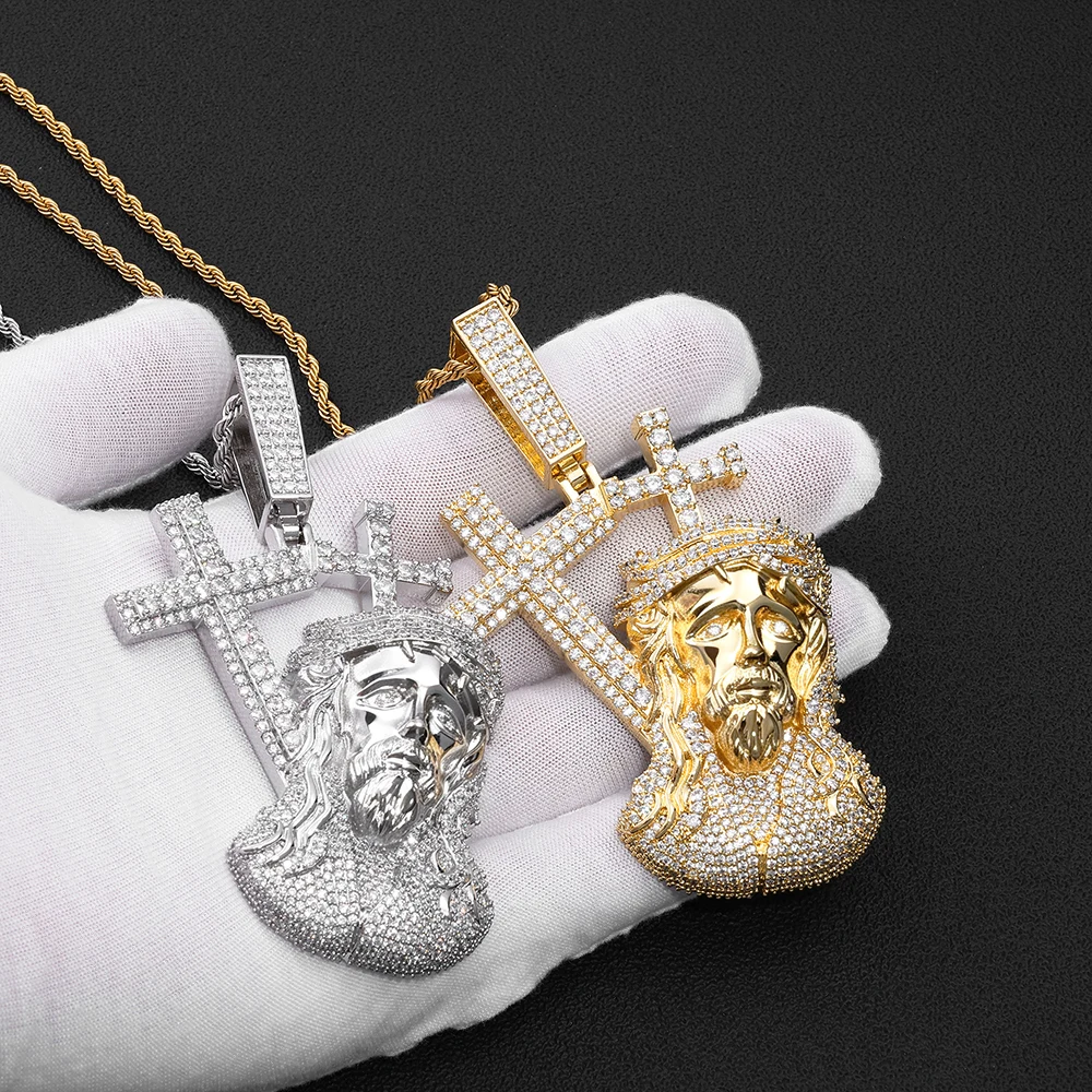 Nuoya New Jesus Pressure Cross Head Pendant Trendy Unisex Copper Electroplated Gold Vintage Micro-inlaid Zircon Necklace.