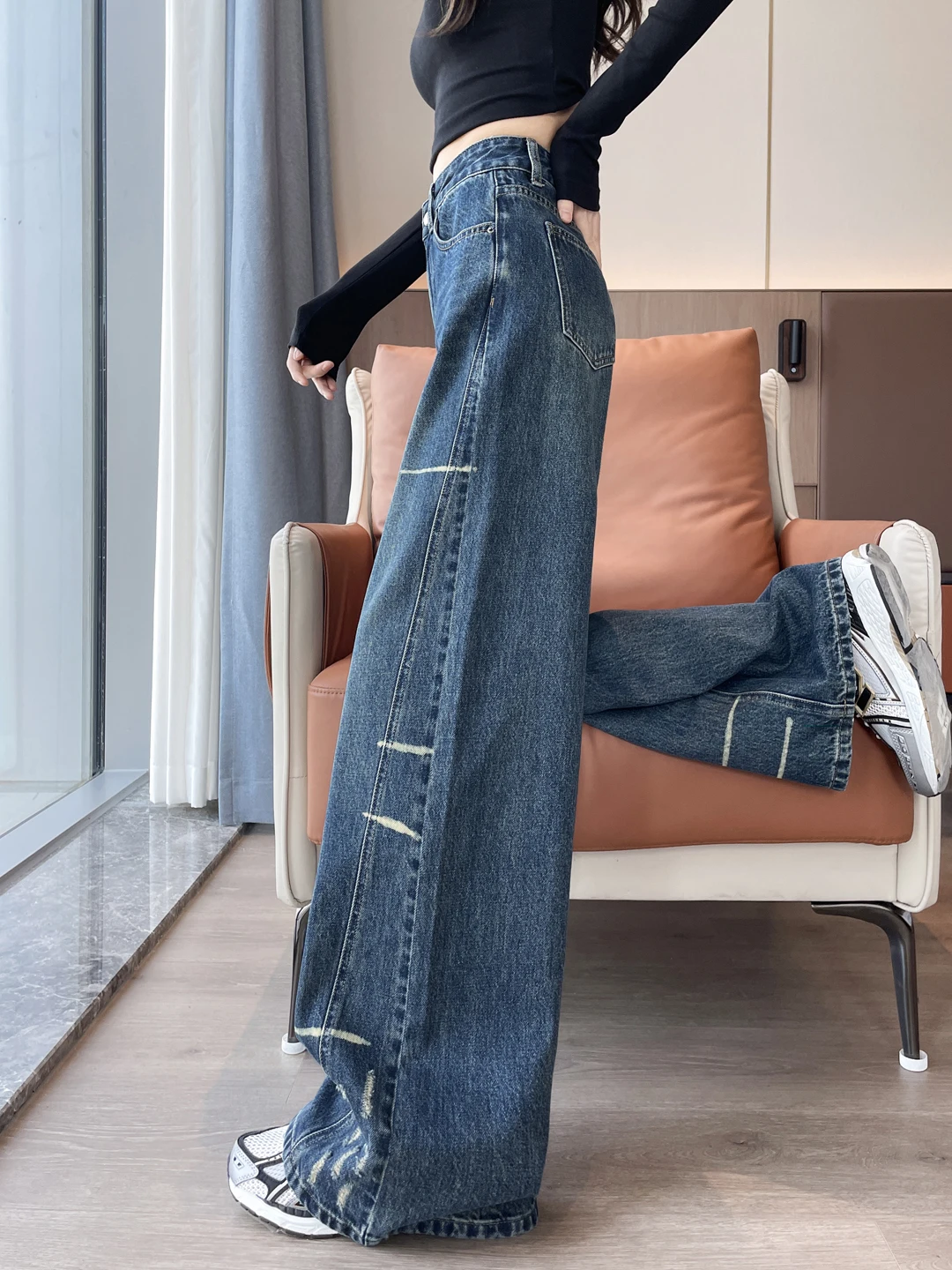 

High Waist Wide Leg Denim Jeans Women's Autumn New Sle American Retro Workwear Knife Ripped Long Pants Casual Loose Fit