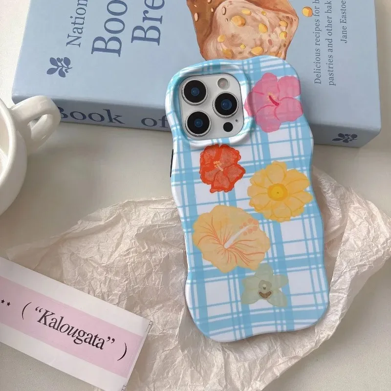 

Ретро-чехол для iPhone 17 16 15 14 13 Pro Max с клетчатым узором, цветами и эффектом водной ряби, милый, роскошный, мультяшный, противоударный