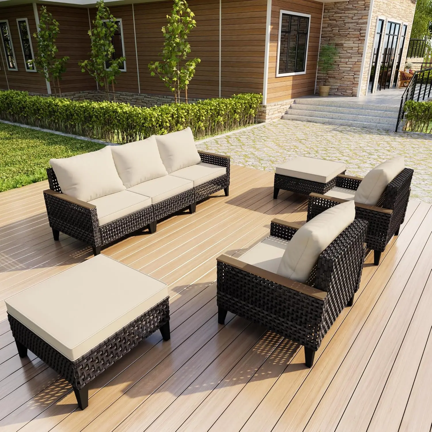 

7 Piece Wicker Rattan Patio Set Sofa Chairs Ottoman Cushioned Poolside Deck Garden Conversation, Customized