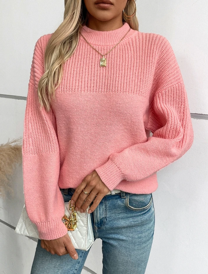 

Women's Fashion Pull Over 2024 Autumn Winter Latest Solid Color Half High Neck Pullover Knit Sweater Loose Fit Long Sleeves Top