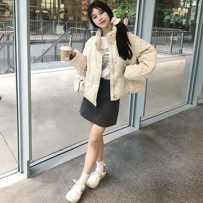 Inverno nuove Parka donna moda coreana casual tutti abbinati dolce allentato piccolo piumino floreale femminile spesso caldo capispalla per studenti