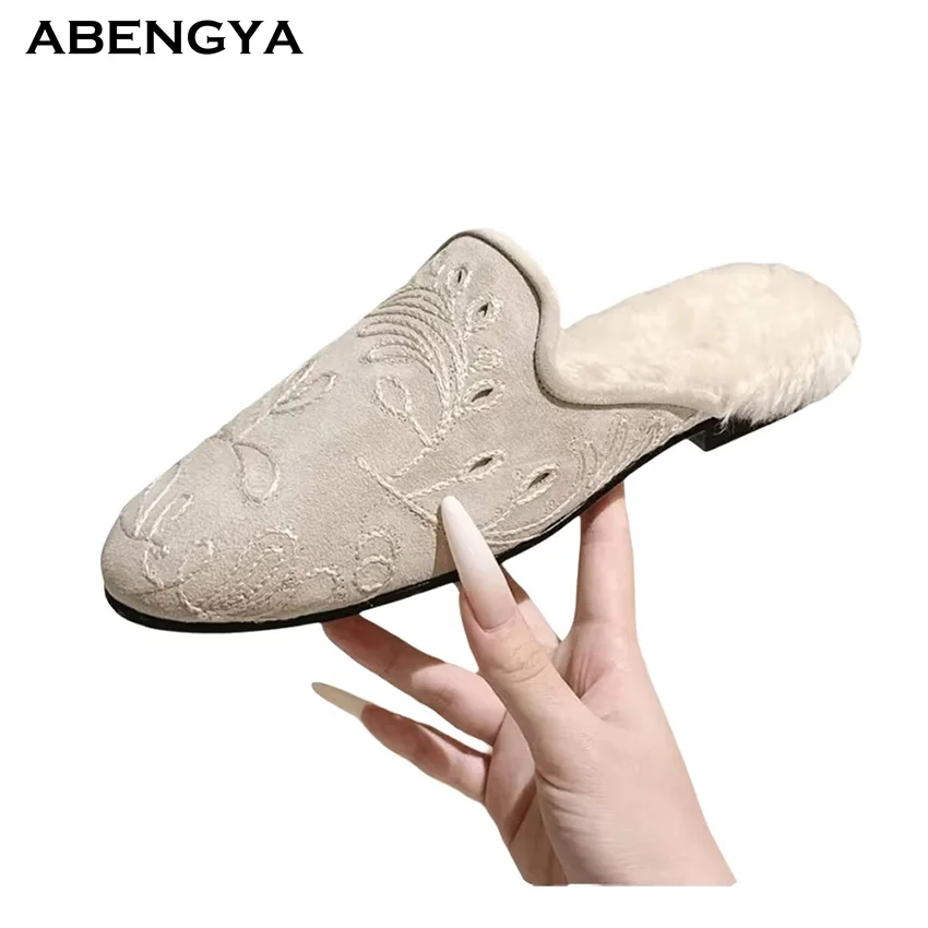Designer New Khaki Suede Flat Slippers Women Wrap Toe Wool Mules Flat Shoes Winter Casual Party Beach Walking Shoes For Women