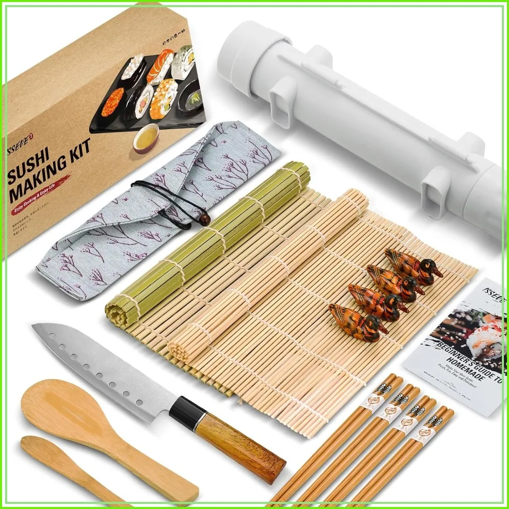 Kit para Hacer Sushi con Bazuca, Esterillas de Bambú, Palillos, Cuchillo y Espátula - Máquina para Enrollar DIY
