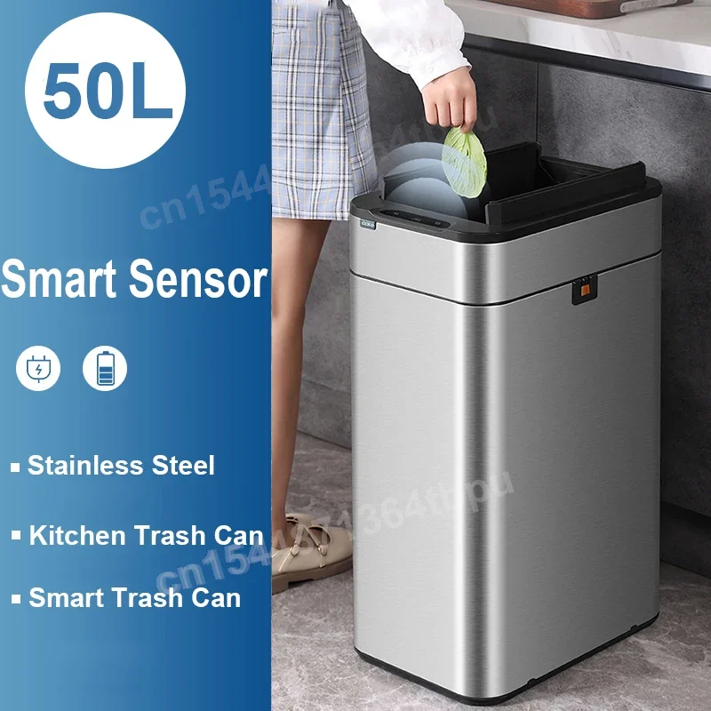 Fashion Smart Sensor Trash Can Large Capacity Stainless Steel Smart Garbage Bin Luxury Home Kitchen Trash Can For Living Room