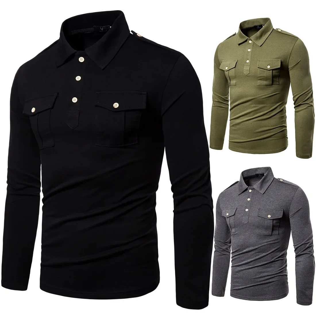 

2023 Men's New Fashion Casual Spring and Autumn Wear European and American Polo Neck Long Sleeve T-shirt Military Style