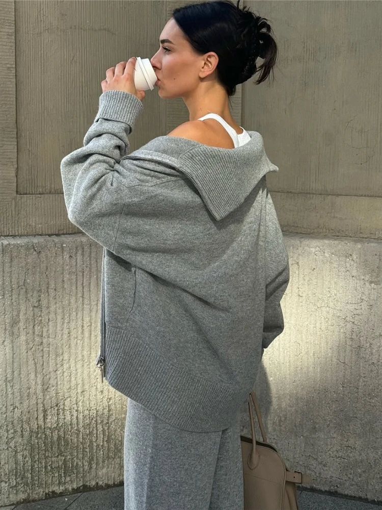 Tossy Casual Knitwear Sweater 2 Piece-Set Leg Trousers Women Solid Loose Zipper Cardigan And Wide-Leg Pants Knitwear Pant Sets