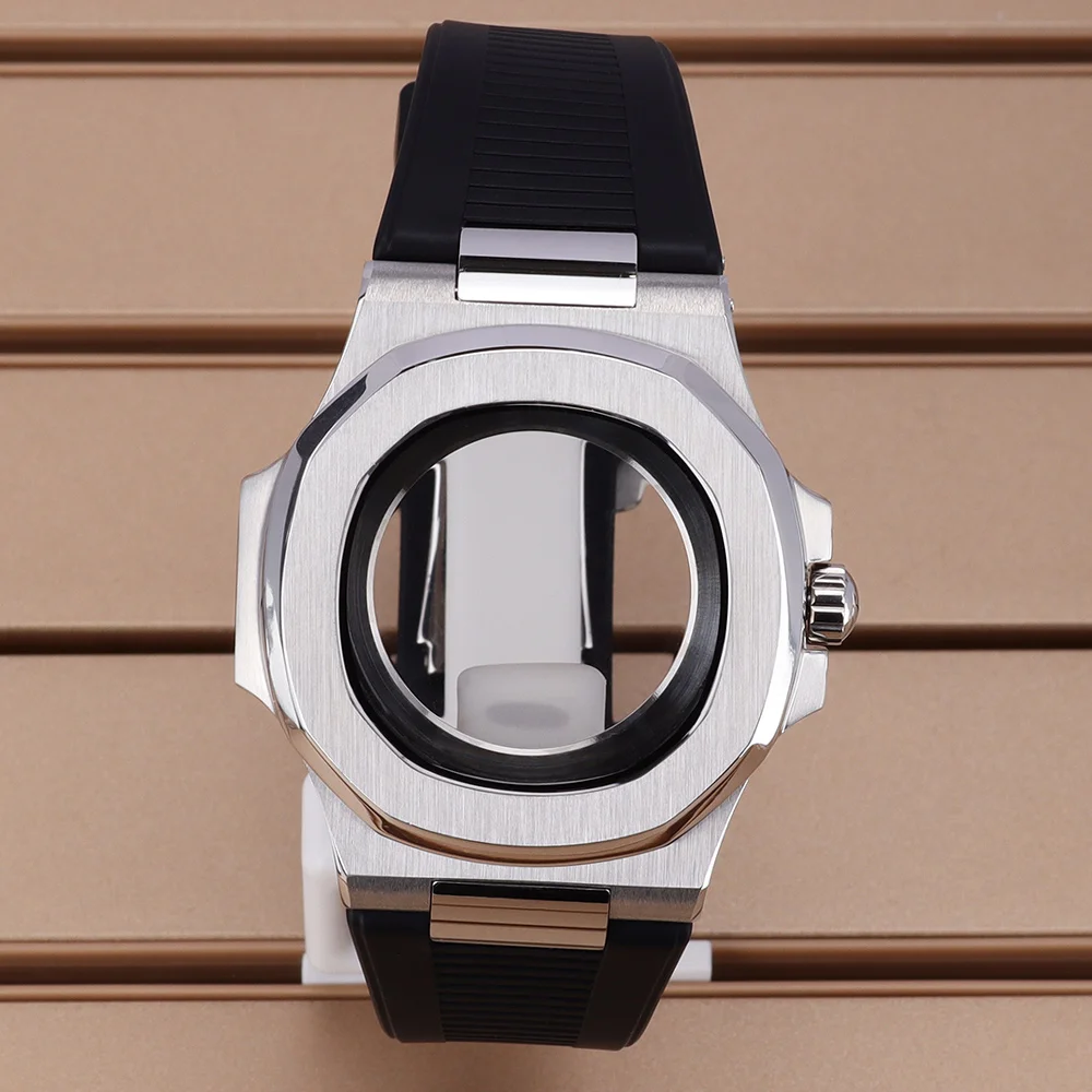 

40mm NH35 Watch Case Rubber Strap For NH35 NH36 4r35 NH34 NH38 NH72 Movement Mod Nautilus Square Watch Repair Parts glass back