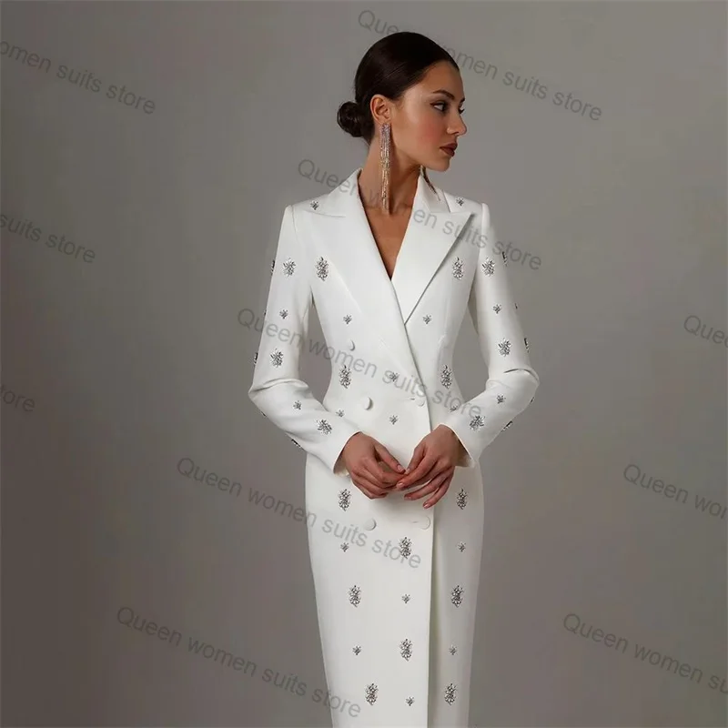 Mulheres Cristais Branco Longo Blazer Terno Saia, Casaco Formal Senhora Do Escritório Jaqueta, Roupa De Algodão De Luxo, Vestido De Baile, Custom Made, 1 Peça