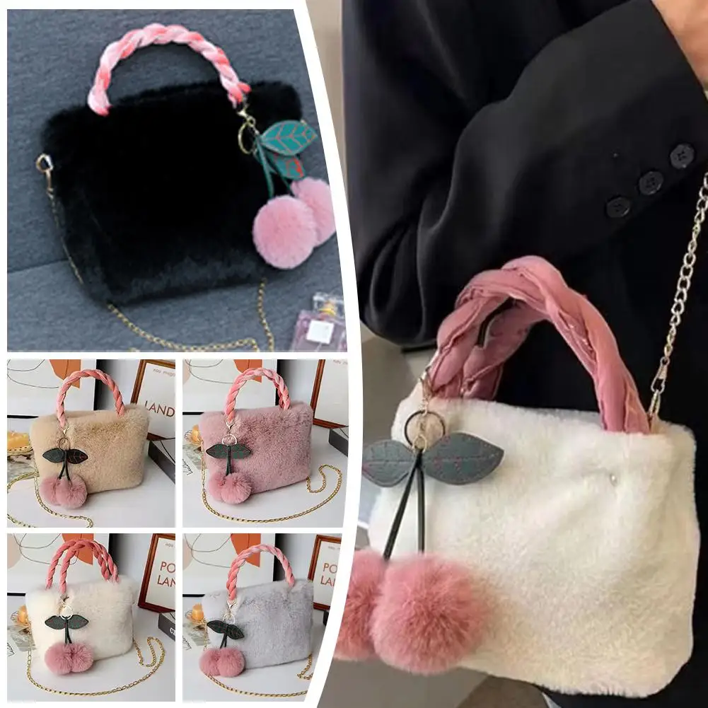 Bolso grande de felpa a la moda para chica cereza, bolso de invierno para mujer, bolso de felpa individual y esponjoso para otoño, bolso de lona para niñas, Cros P4B6