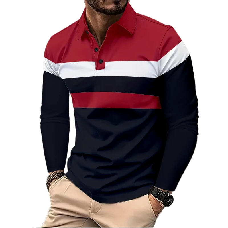 New men's long sleeved lapel breathable shirt men's Polo Homme basic size plus patchwork fashionable men's lapel T-shirt