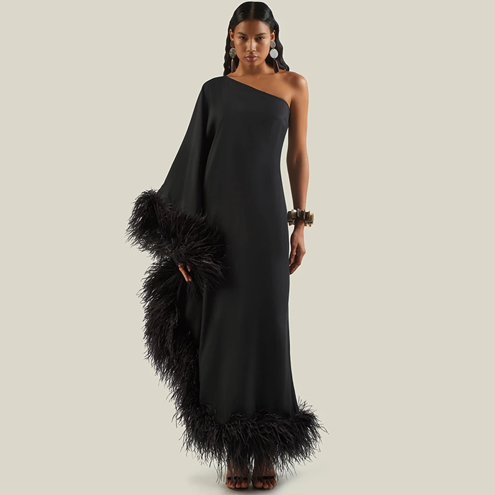Classic Black Customized Evening Dress Modern One Shoulder Long Sleeves Party Dresses Luxury Feathers Special Occasion Gowns