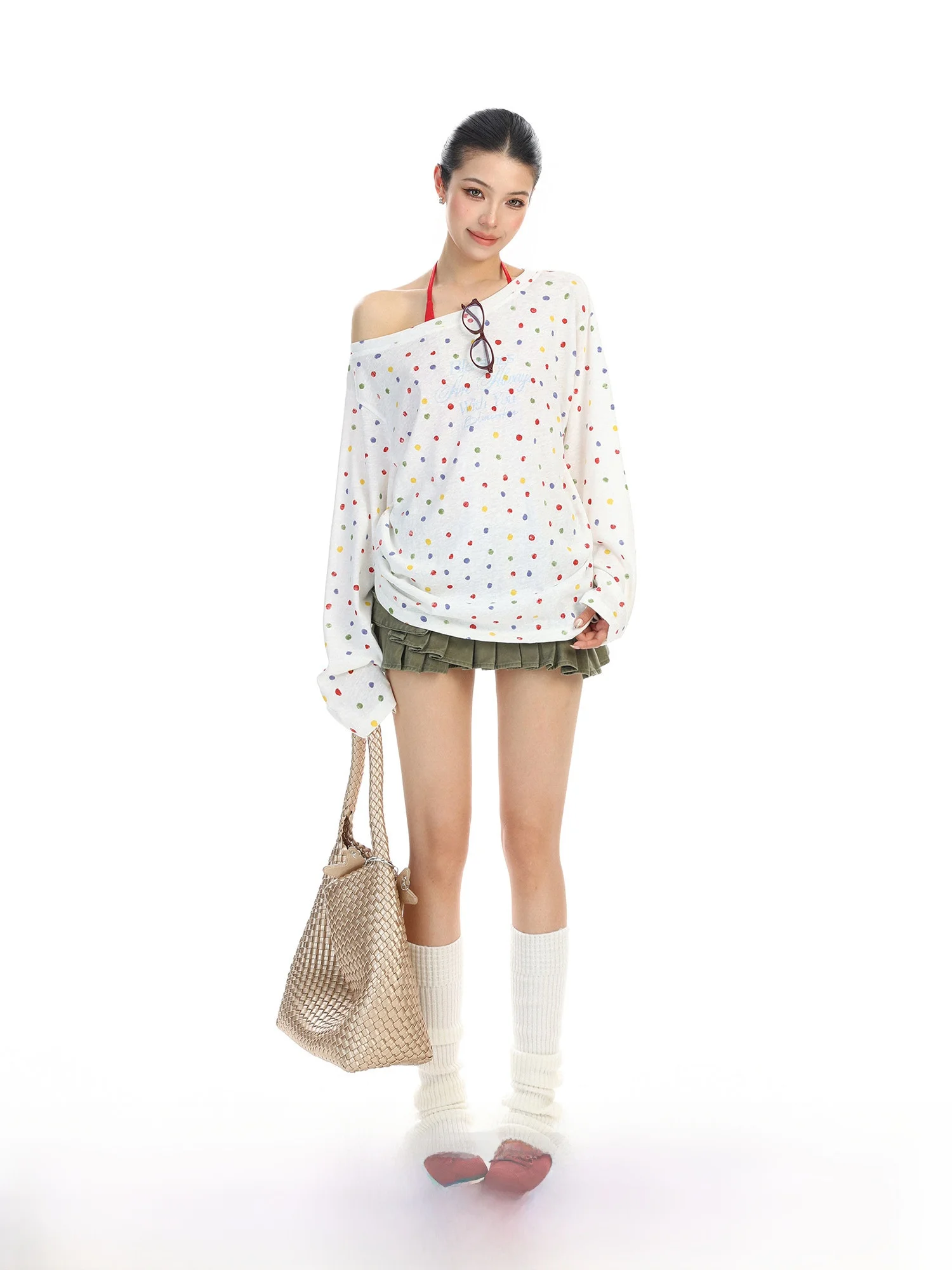 Korean Sle Long Sve T-irt Women's Summer Slim Fit Sun Protection Polka Dot Print Casual Loose Top Faionable Cover up
