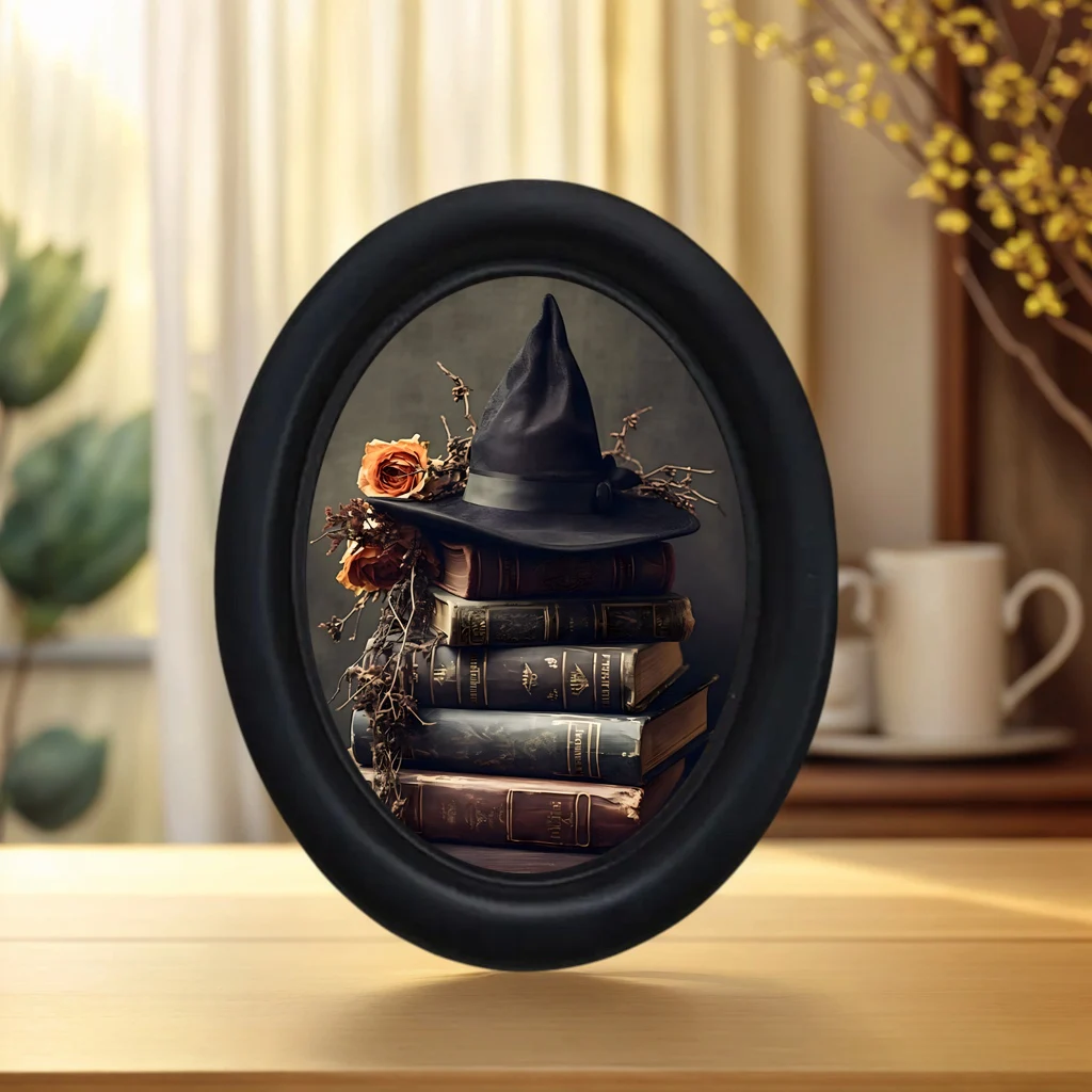 1 Piece 3D Retro Halloween Witch Hat Decorative Mural on Book - Handmade Oval Wooden Decorative Wall Art (525* 4.16inch), Gift of Book Hobbyers, Oval Decoration, Halloween, Christmas, Thanksgiving Victoria Room Dark Decoration