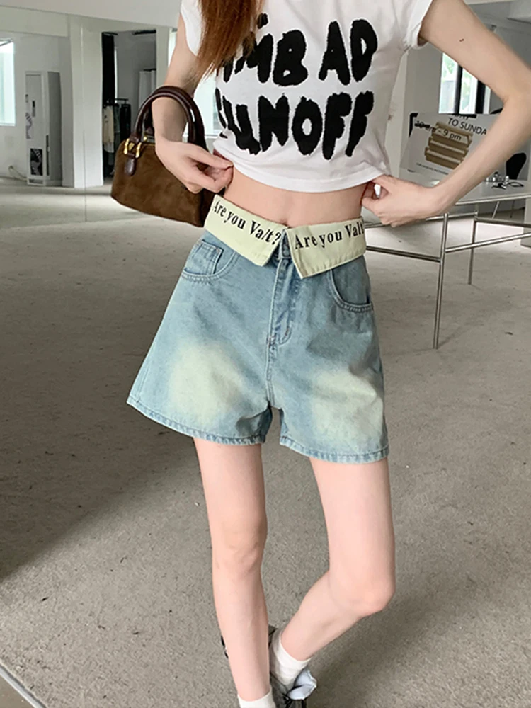 Pantaloncini di jeans lavati blu larghi casual da donna Pantaloncini vintage Harajuku Y2K con stampa di lettere a vita alta Jeans larghi stile street