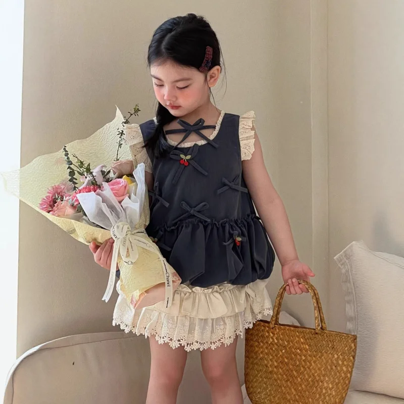 

Girls2026Summer new sweet red cherry bow bud top lace skirt pants set cute