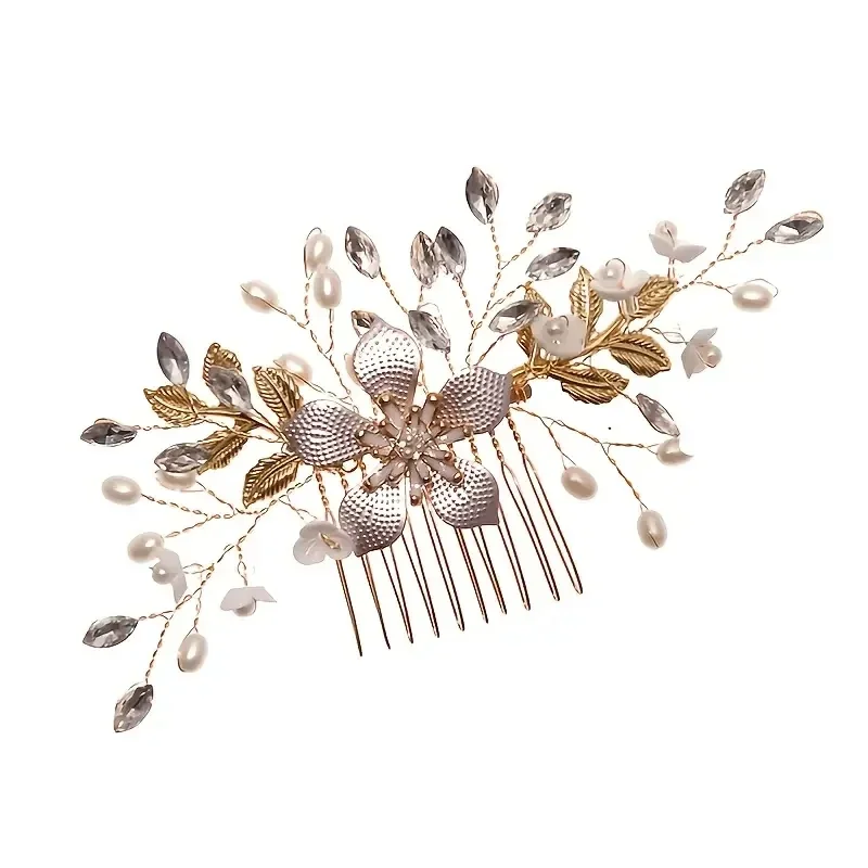 Épingle à cheveux en forme de feuille d'or pour mariée, peigne latéral en forme de fleur de perle, diadèmes en alliage, insertion de bijoux, peigne, bijoux pour cheveux, couvre-chef de mariée