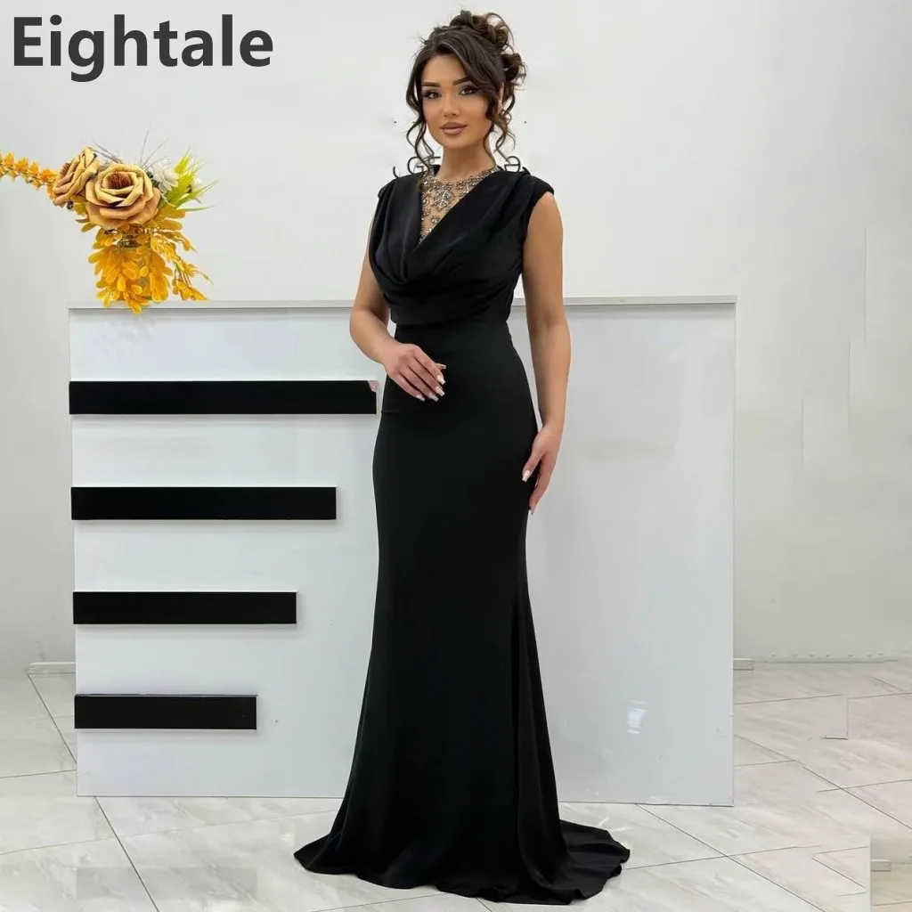 

Eightale 2025 Black Mermaid Jersey Evening Dress Wedding Party Sleeveless Beaded Prom Dress Saudi Arabic Party Gown Customized